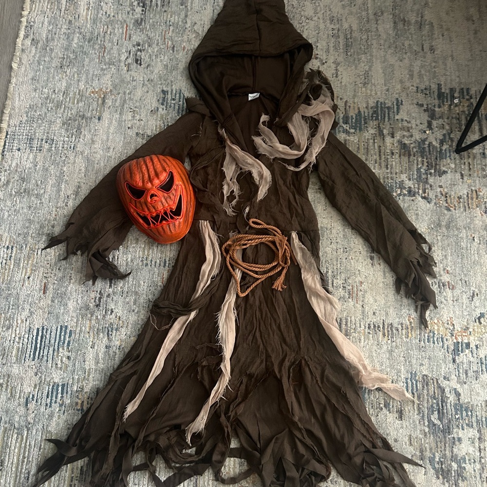Spirit Dark Brown Hooded Scarecrow Costume with Orange Mask